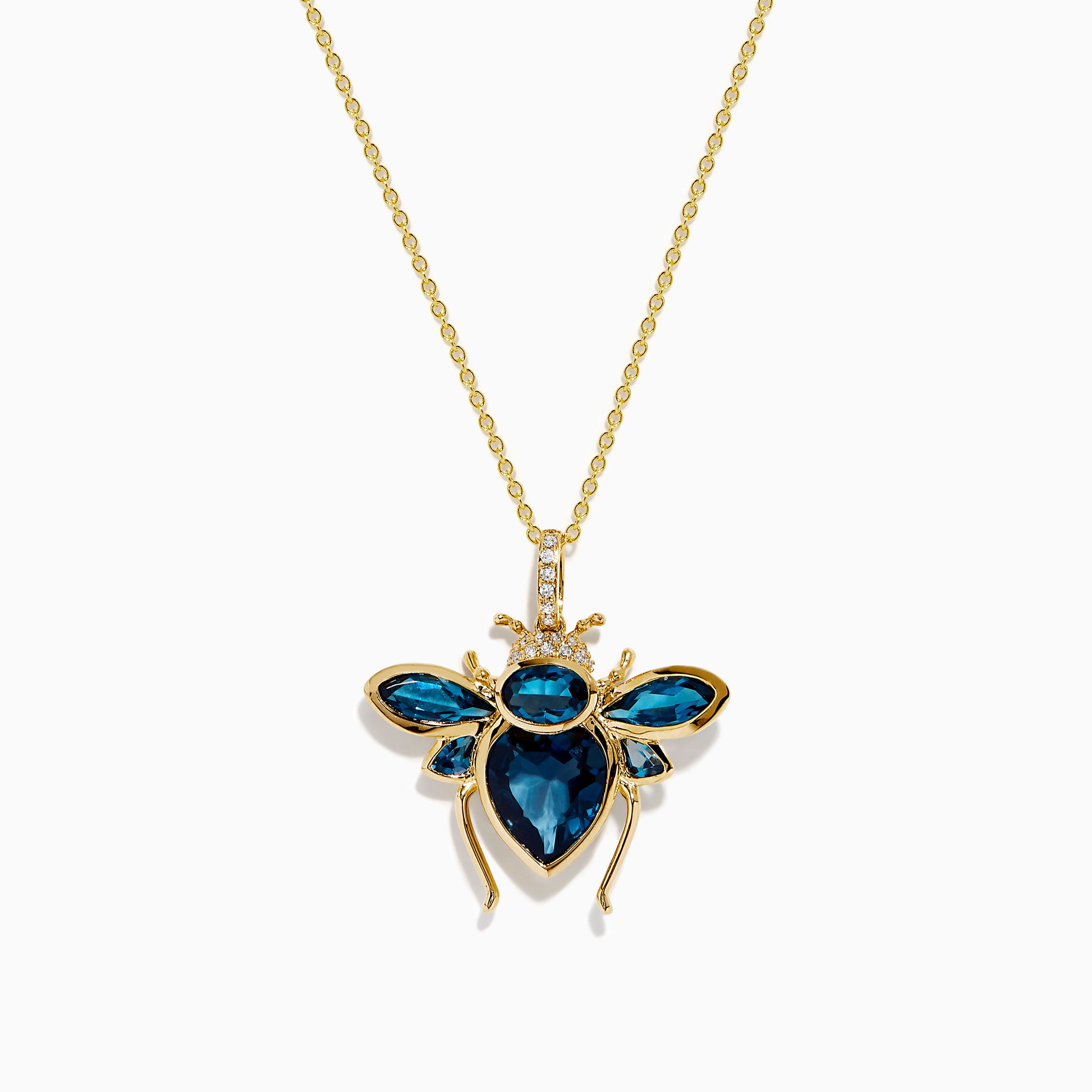 The Novelty 14K Yellow Gold Blue Topaz and Diamond Bee Pendant features a bee-shaped design with faceted blue topaz and diamond accents on its body and wings, shown against a white background.