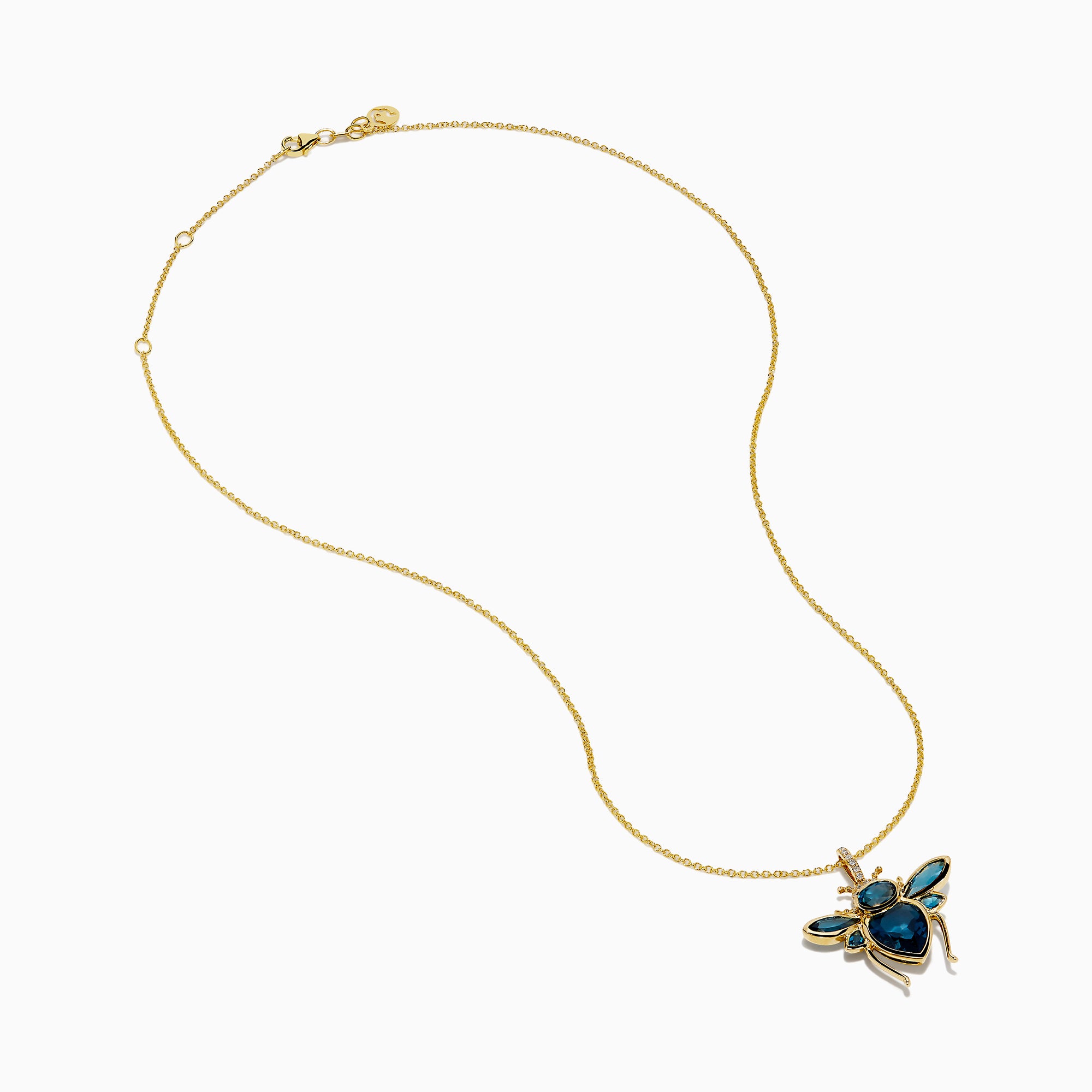 The Novelty 14K Yellow Gold Blue Topaz and Diamond Bee Pendant features a bee-shaped design with faceted blue topaz and diamond accents on its body and wings, shown against a white background.