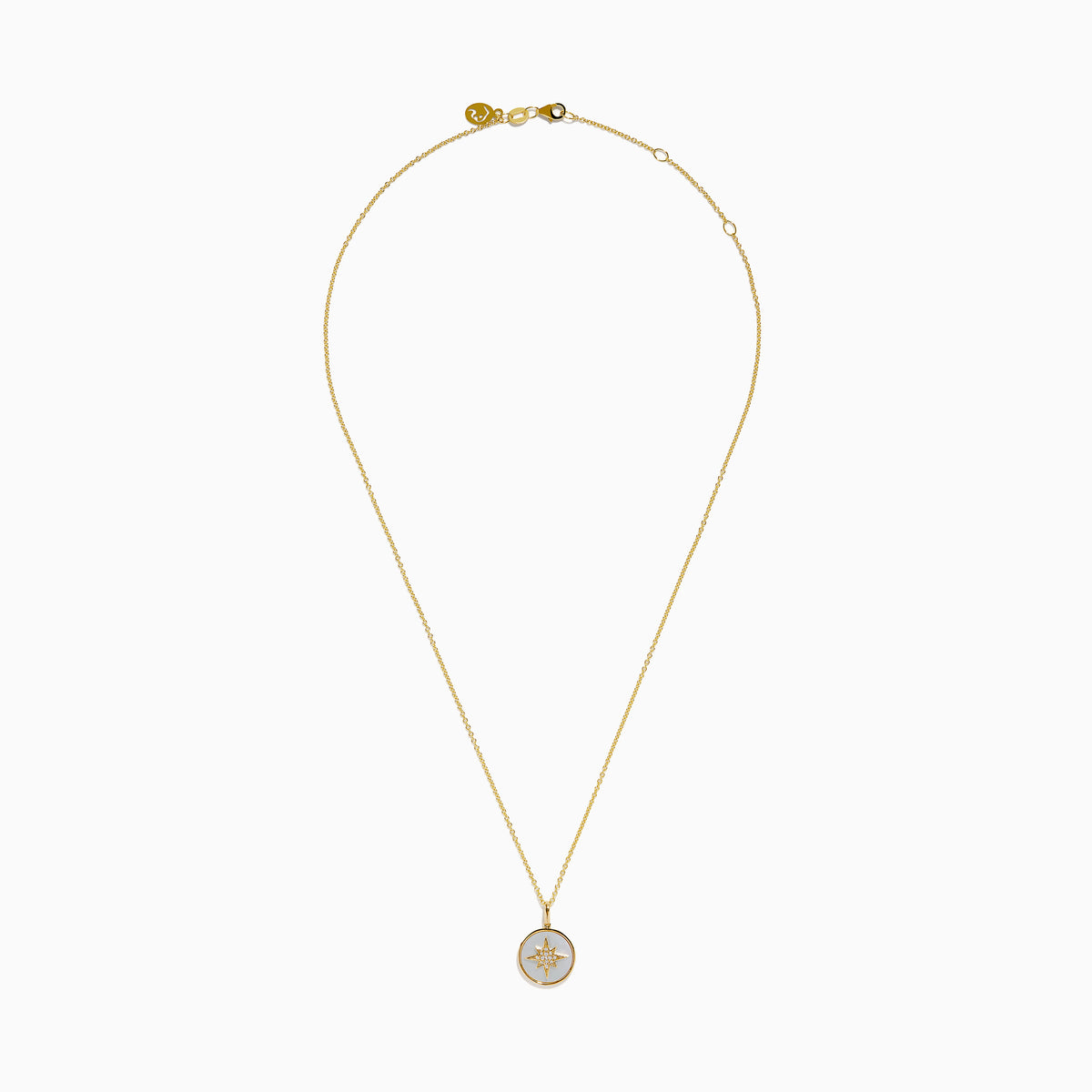 The Novelty 14K Yellow Gold Mother of Pearl and Diamond Compass Pendant features a polished circular charm with an eight-pointed star design, delicate chain, diamond accents, and mother of pearl inlay for added elegance.