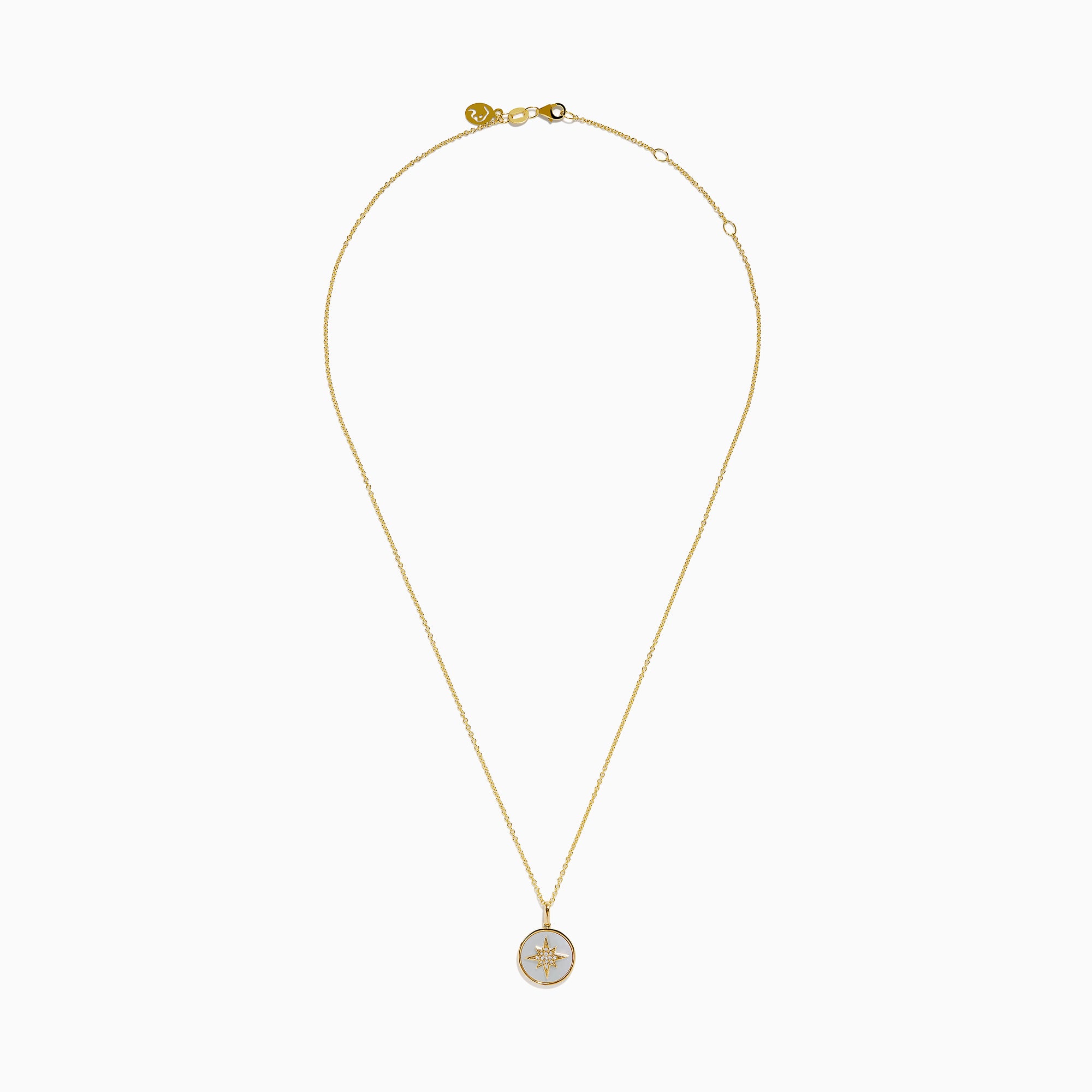 The Novelty 14K Yellow Gold Mother of Pearl and Diamond Compass Pendant features a polished circular charm with an eight-pointed star design, delicate chain, diamond accents, and mother of pearl inlay for added elegance.