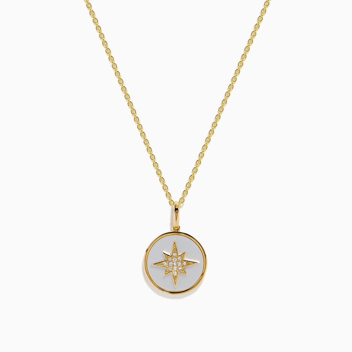 The Novelty 14K Yellow Gold Mother of Pearl and Diamond Compass Pendant features a polished circular charm with an eight-pointed star design, delicate chain, diamond accents, and mother of pearl inlay for added elegance.
