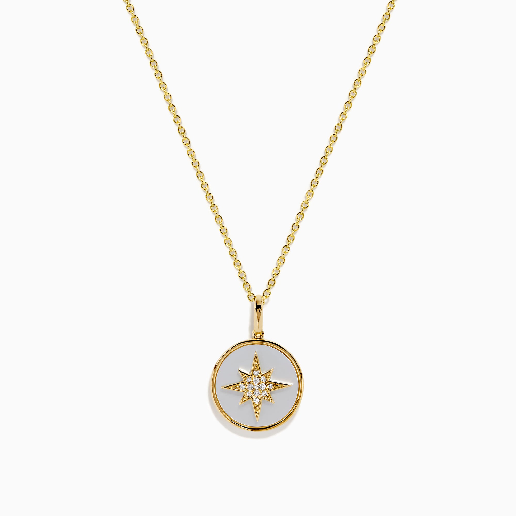 The Novelty 14K Yellow Gold Mother of Pearl and Diamond Compass Pendant features a polished circular charm with an eight-pointed star design, delicate chain, diamond accents, and mother of pearl inlay for added elegance.