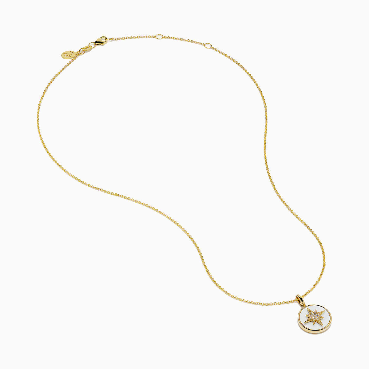 The Novelty 14K Yellow Gold Mother of Pearl and Diamond Compass Pendant features a polished circular charm with an eight-pointed star design, delicate chain, diamond accents, and mother of pearl inlay for added elegance.