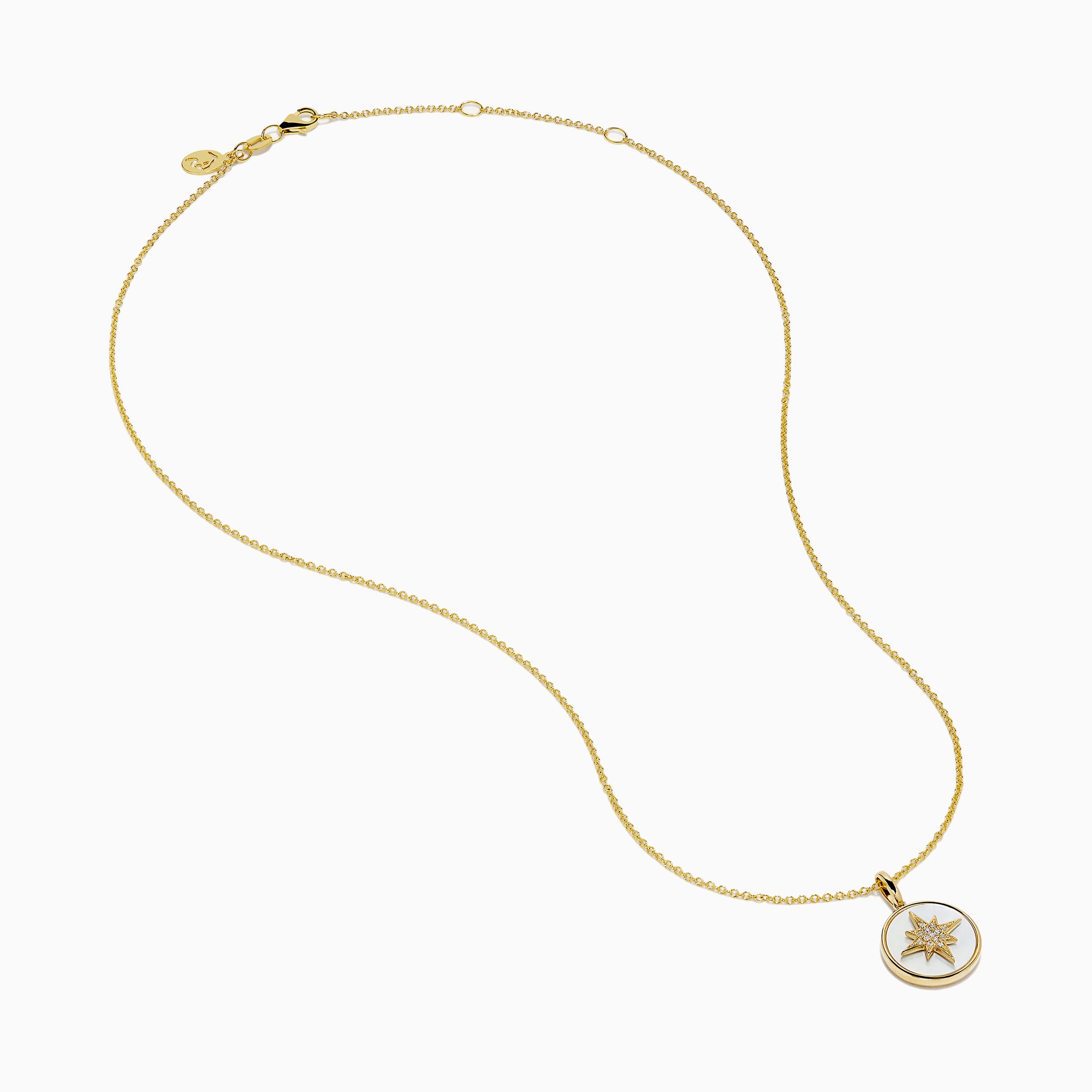 The Novelty 14K Yellow Gold Mother of Pearl and Diamond Compass Pendant features a polished circular charm with an eight-pointed star design, delicate chain, diamond accents, and mother of pearl inlay for added elegance.
