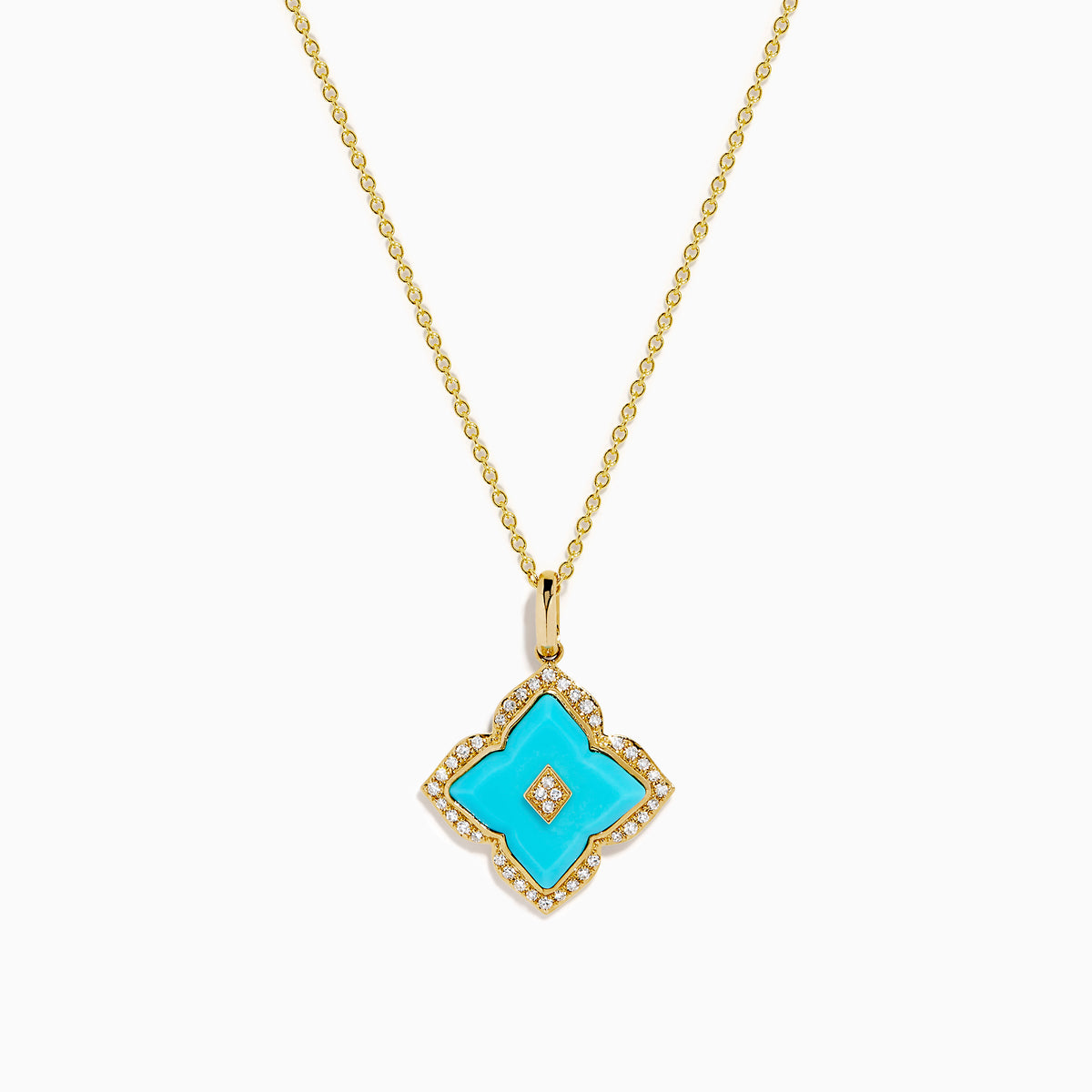 14K Yellow Gold Turquoise and Diamond Quatrefoil Halo Pendant