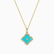 14K Yellow Gold Turquoise and Diamond Quatrefoil Halo Pendant