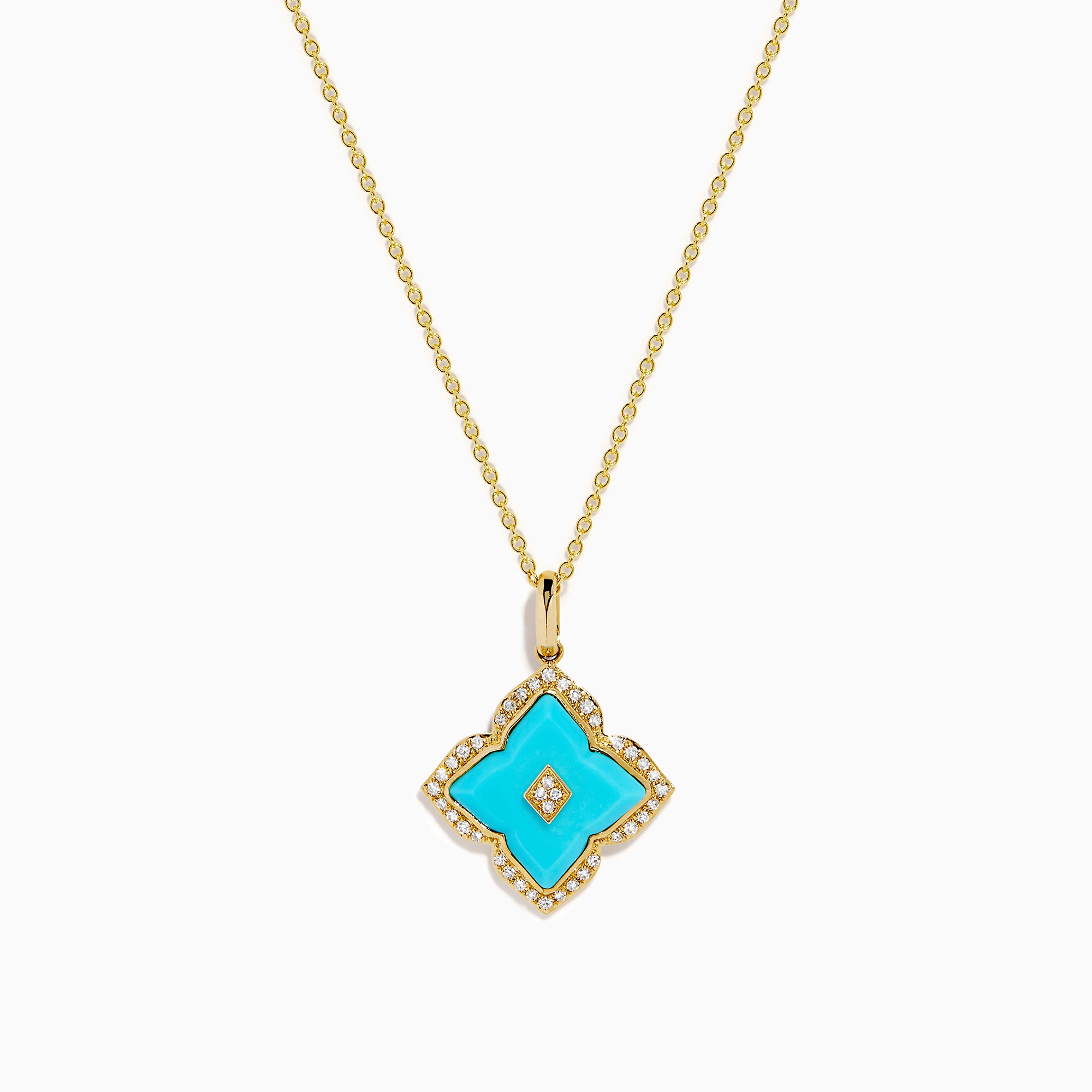 14K Yellow Gold Turquoise and Diamond Quatrefoil Halo Pendant