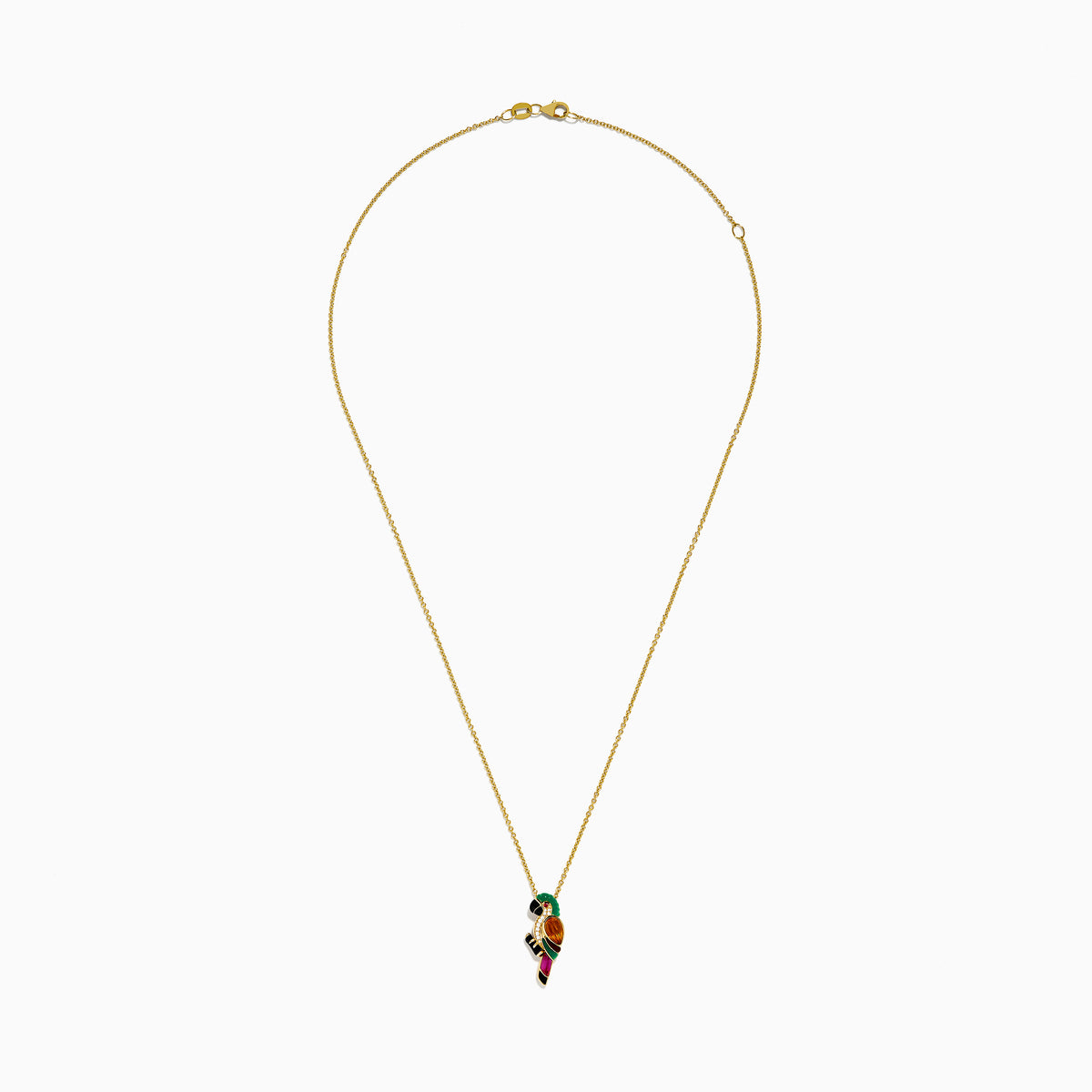 14K yellow gold chain necklace featuring a 14K Yellow Gold Multi Gemstone and Diamond Parrot Pendant with black, green, orange, gold, and magenta accents and sparkling diamonds on the parrot’s chest.