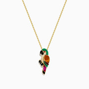 14K yellow gold chain necklace featuring a 14K Yellow Gold Multi Gemstone and Diamond Parrot Pendant with black, green, orange, gold, and magenta accents and sparkling diamonds on the parrot’s chest.