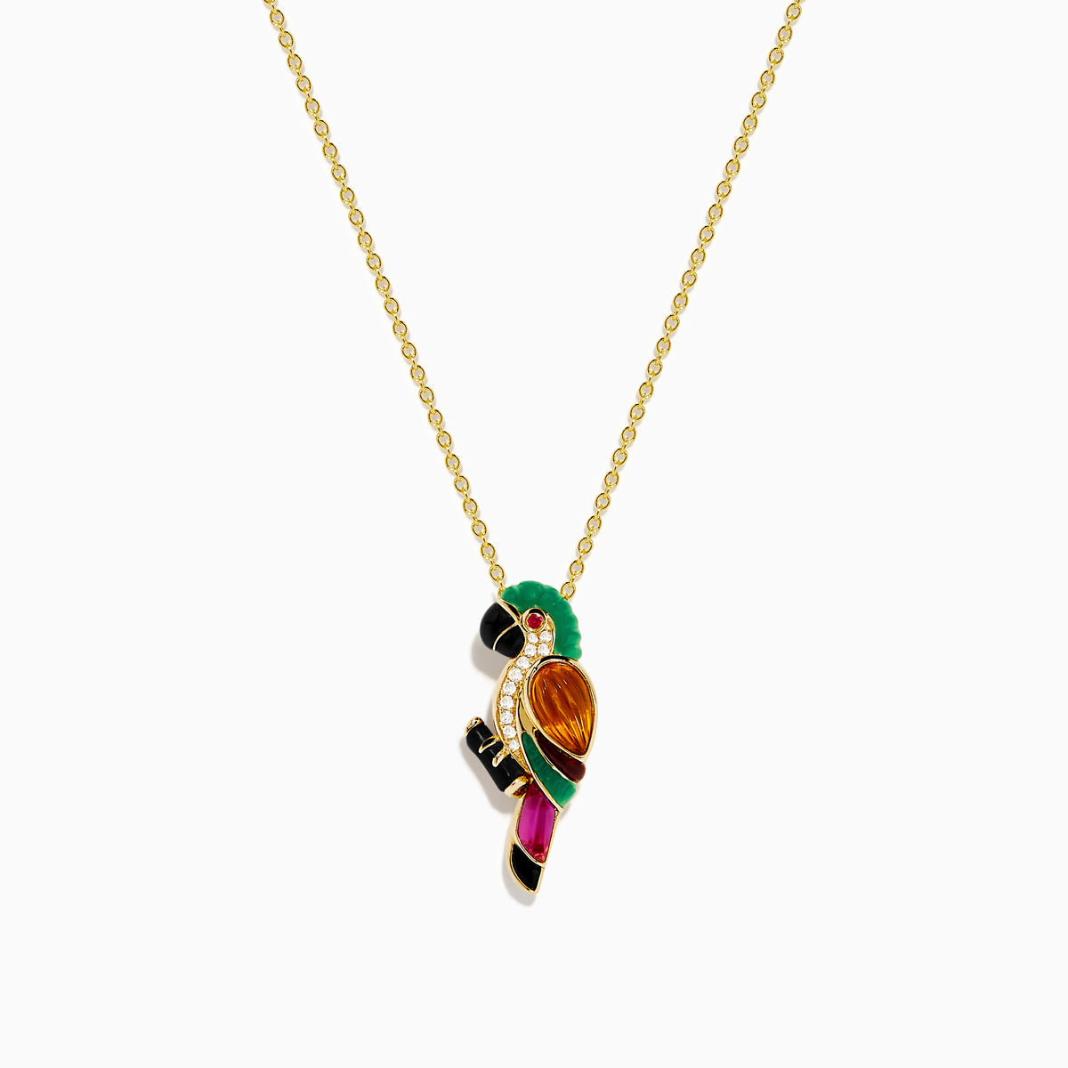 14K yellow gold chain necklace featuring a 14K Yellow Gold Multi Gemstone and Diamond Parrot Pendant with black, green, orange, gold, and magenta accents and sparkling diamonds on the parrot’s chest.