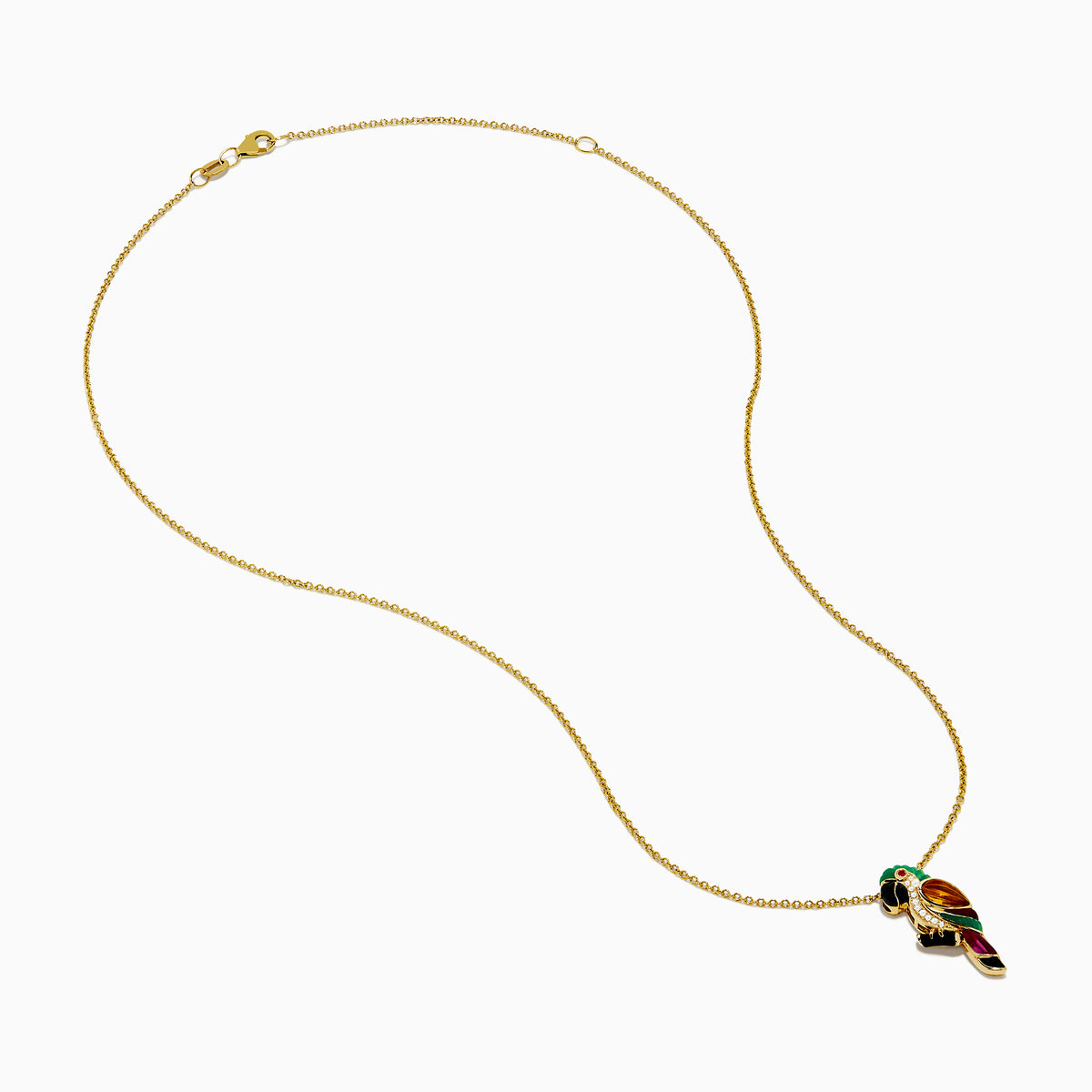 14K yellow gold chain necklace featuring a 14K Yellow Gold Multi Gemstone and Diamond Parrot Pendant with black, green, orange, gold, and magenta accents and sparkling diamonds on the parrot’s chest.