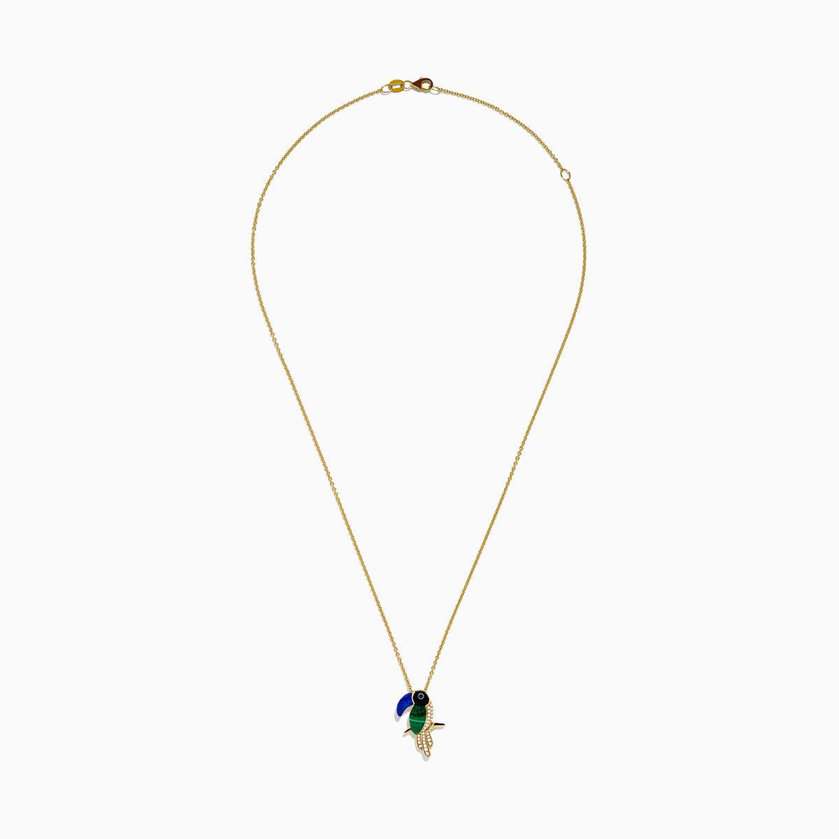 A 14K yellow gold chain necklace with a Multi Gemstone and Diamond Toucan Pendant, featuring a blue beak, green and black accents, and sparkling clear stones on its body, shown against a white background.