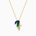 A 14K yellow gold chain necklace with a Multi Gemstone and Diamond Toucan Pendant, featuring a blue beak, green and black accents, and sparkling clear stones on its body, shown against a white background.