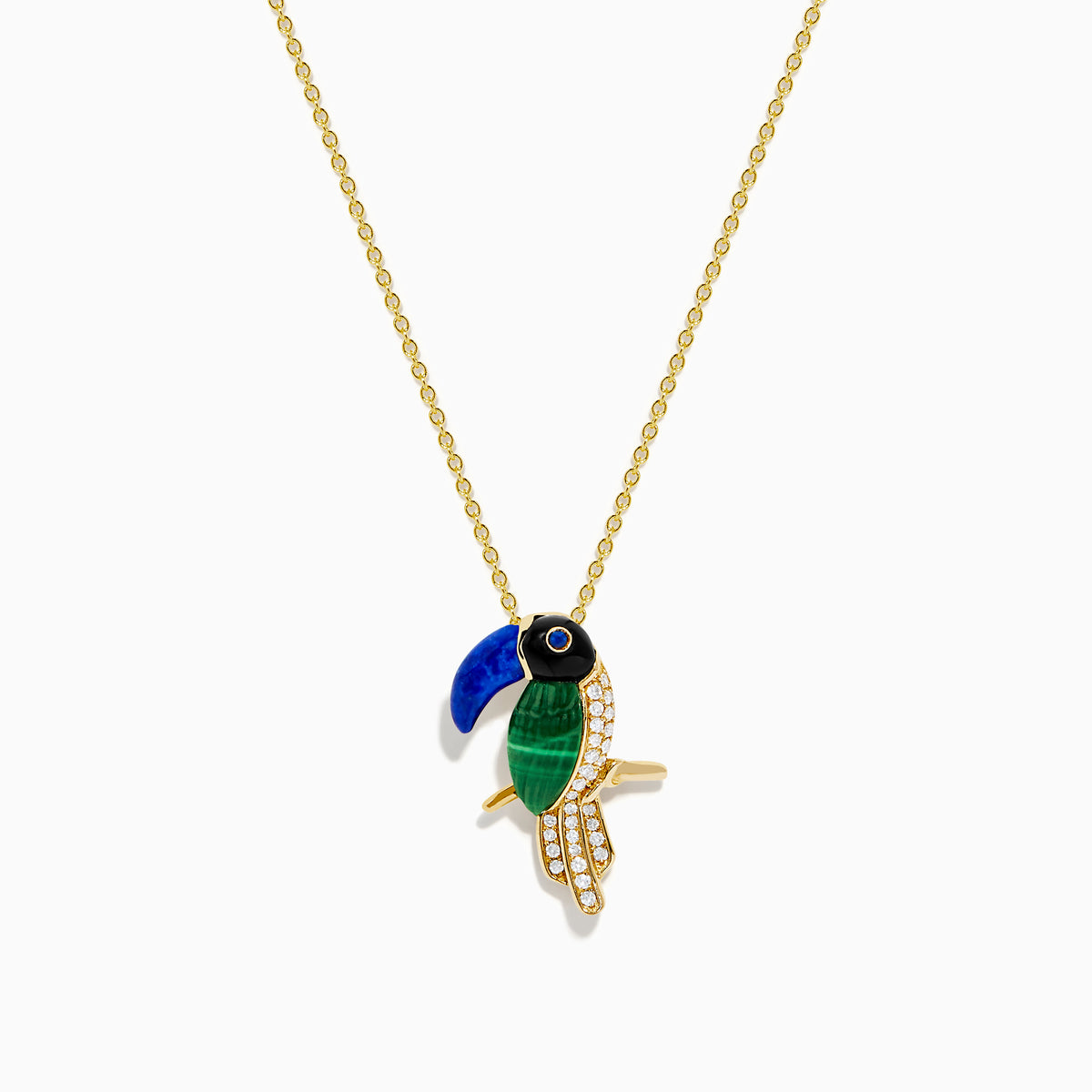 A 14K yellow gold chain necklace with a Multi Gemstone and Diamond Toucan Pendant, featuring a blue beak, green and black accents, and sparkling clear stones on its body, shown against a white background.