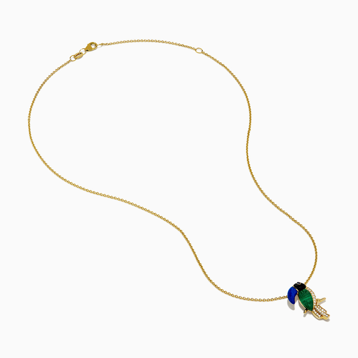 A 14K yellow gold chain necklace with a Multi Gemstone and Diamond Toucan Pendant, featuring a blue beak, green and black accents, and sparkling clear stones on its body, shown against a white background.