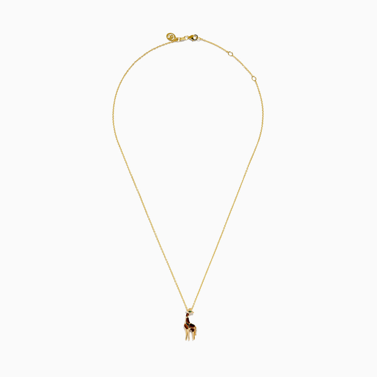 The Safari 14K Yellow Gold Tiger Eye Giraffe Pendant showcases a charming giraffe with brown and white enamel details and a green head accent, set against a plain white background.