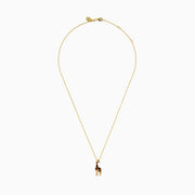 The Safari 14K Yellow Gold Tiger Eye Giraffe Pendant showcases a charming giraffe with brown and white enamel details and a green head accent, set against a plain white background.