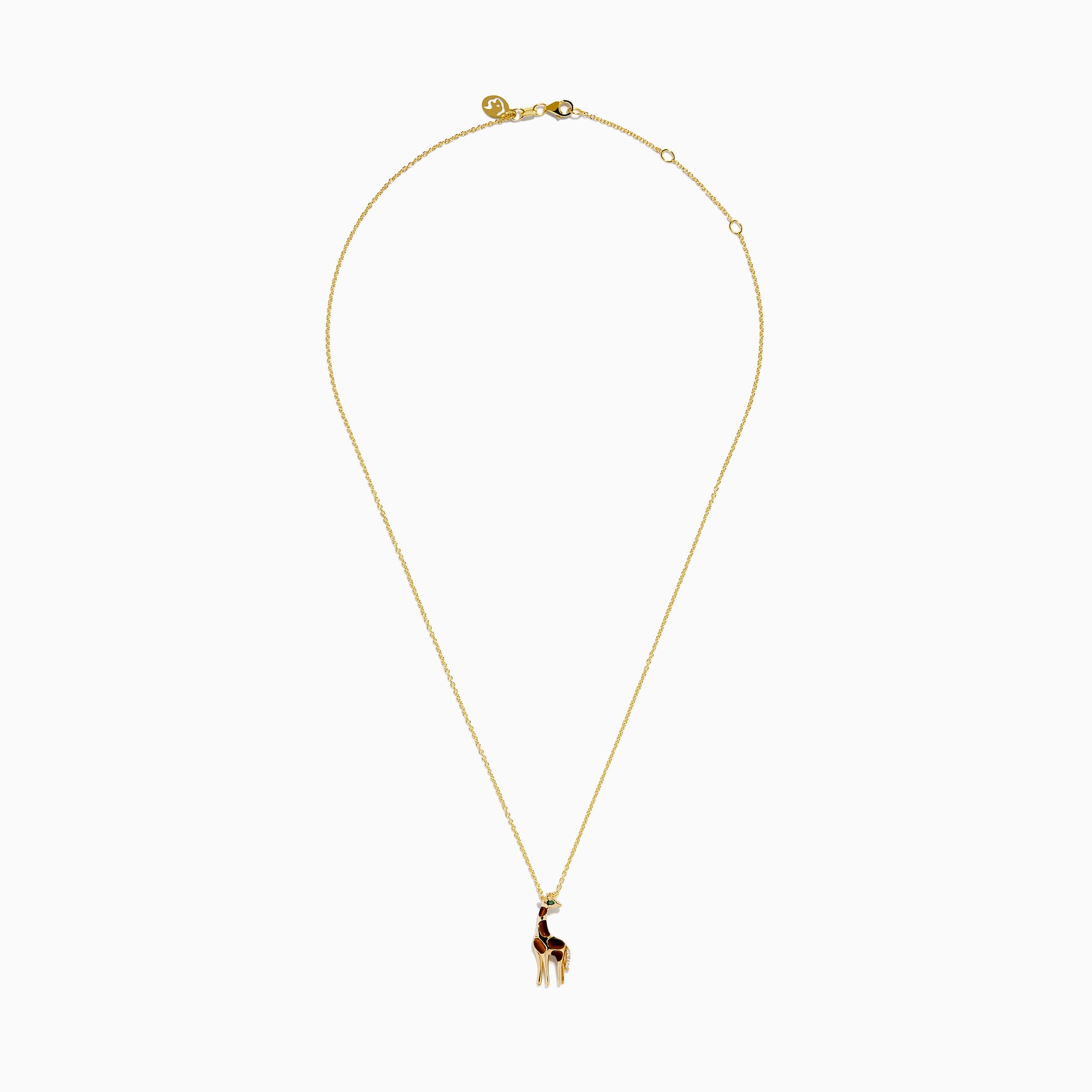 The Safari 14K Yellow Gold Tiger Eye Giraffe Pendant showcases a charming giraffe with brown and white enamel details and a green head accent, set against a plain white background.