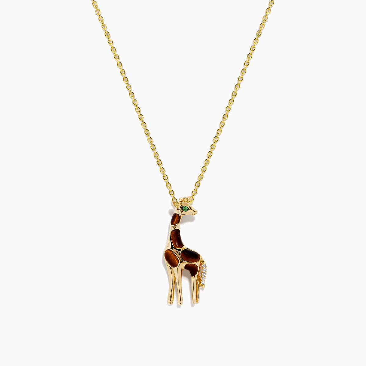 The Safari 14K Yellow Gold Tiger Eye Giraffe Pendant showcases a charming giraffe with brown and white enamel details and a green head accent, set against a plain white background.
