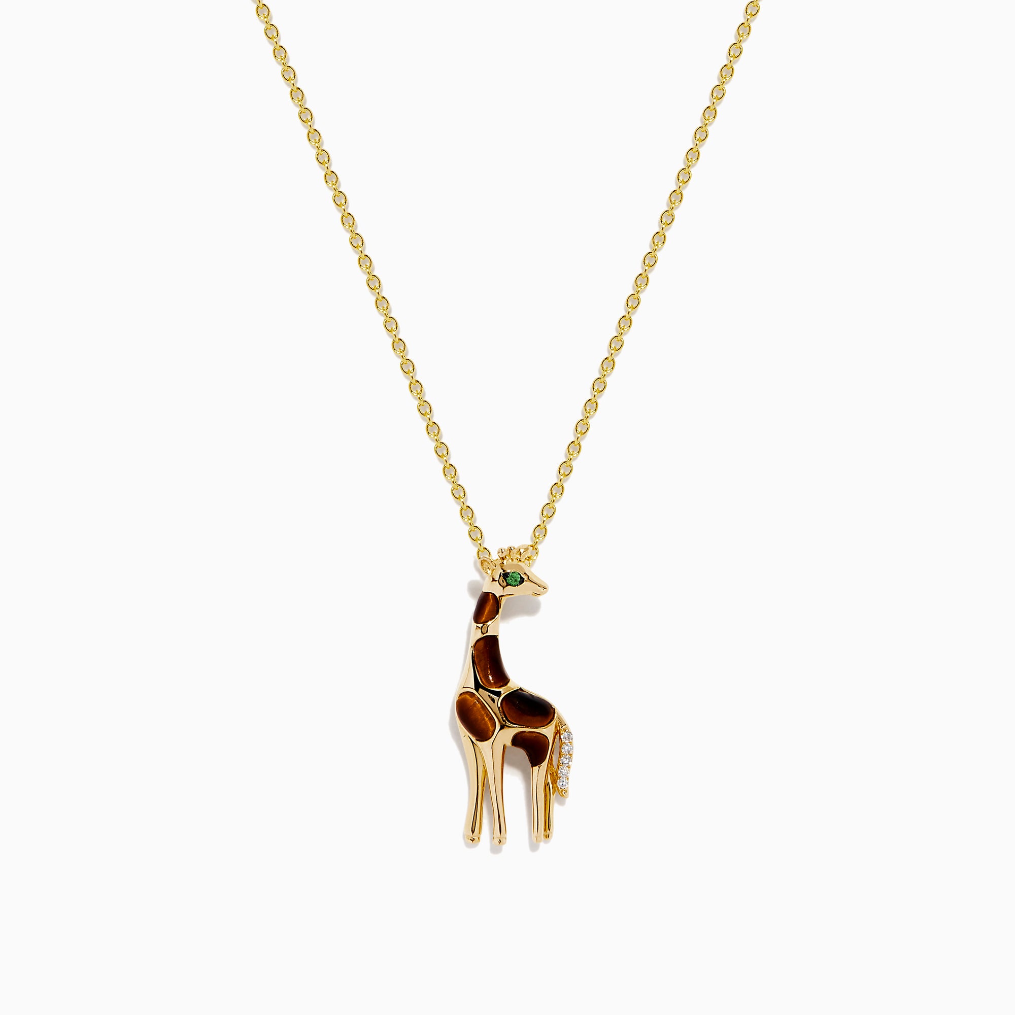 The Safari 14K Yellow Gold Tiger Eye Giraffe Pendant showcases a charming giraffe with brown and white enamel details and a green head accent, set against a plain white background.