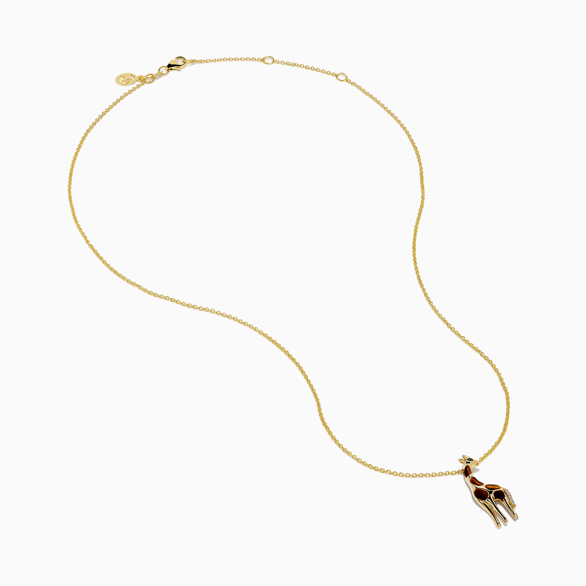 The Safari 14K Yellow Gold Tiger Eye Giraffe Pendant showcases a charming giraffe with brown and white enamel details and a green head accent, set against a plain white background.
