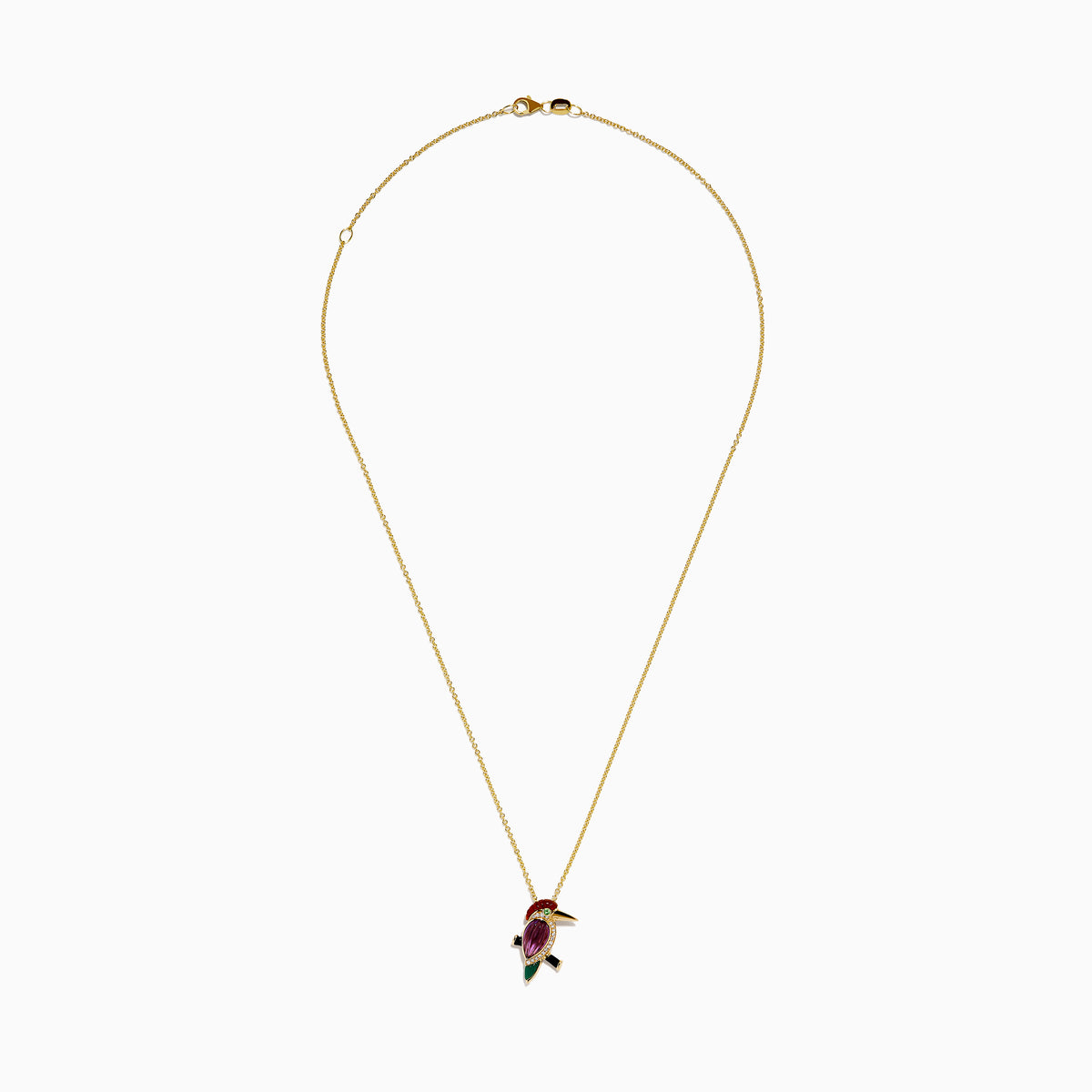 The 14K Yellow Gold Multi Gemstone and Diamond Woodpecker Pendant features a vibrant bird accented with diamonds and colorful gemstones, shining brightly on a fine gold chain against a white background.