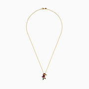 The 14K Yellow Gold Multi Gemstone and Diamond Woodpecker Pendant features a vibrant bird accented with diamonds and colorful gemstones, shining brightly on a fine gold chain against a white background.