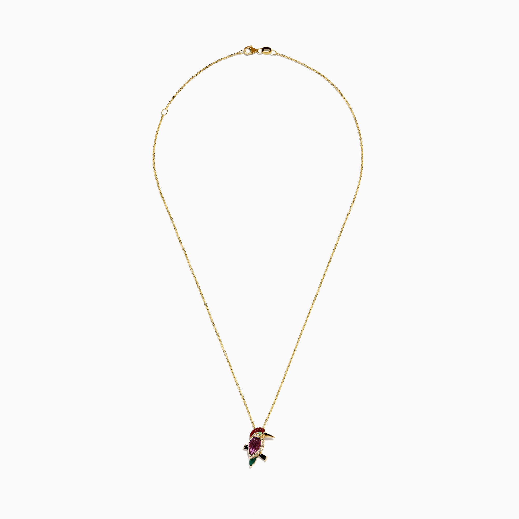 The 14K Yellow Gold Multi Gemstone and Diamond Woodpecker Pendant features a vibrant bird accented with diamonds and colorful gemstones, shining brightly on a fine gold chain against a white background.