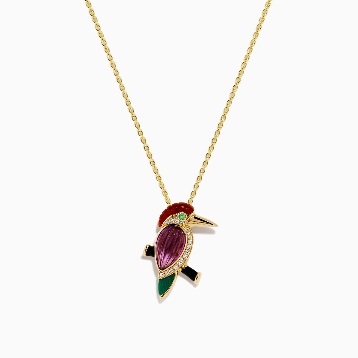 The 14K Yellow Gold Multi Gemstone and Diamond Woodpecker Pendant features a vibrant bird accented with diamonds and colorful gemstones, shining brightly on a fine gold chain against a white background.