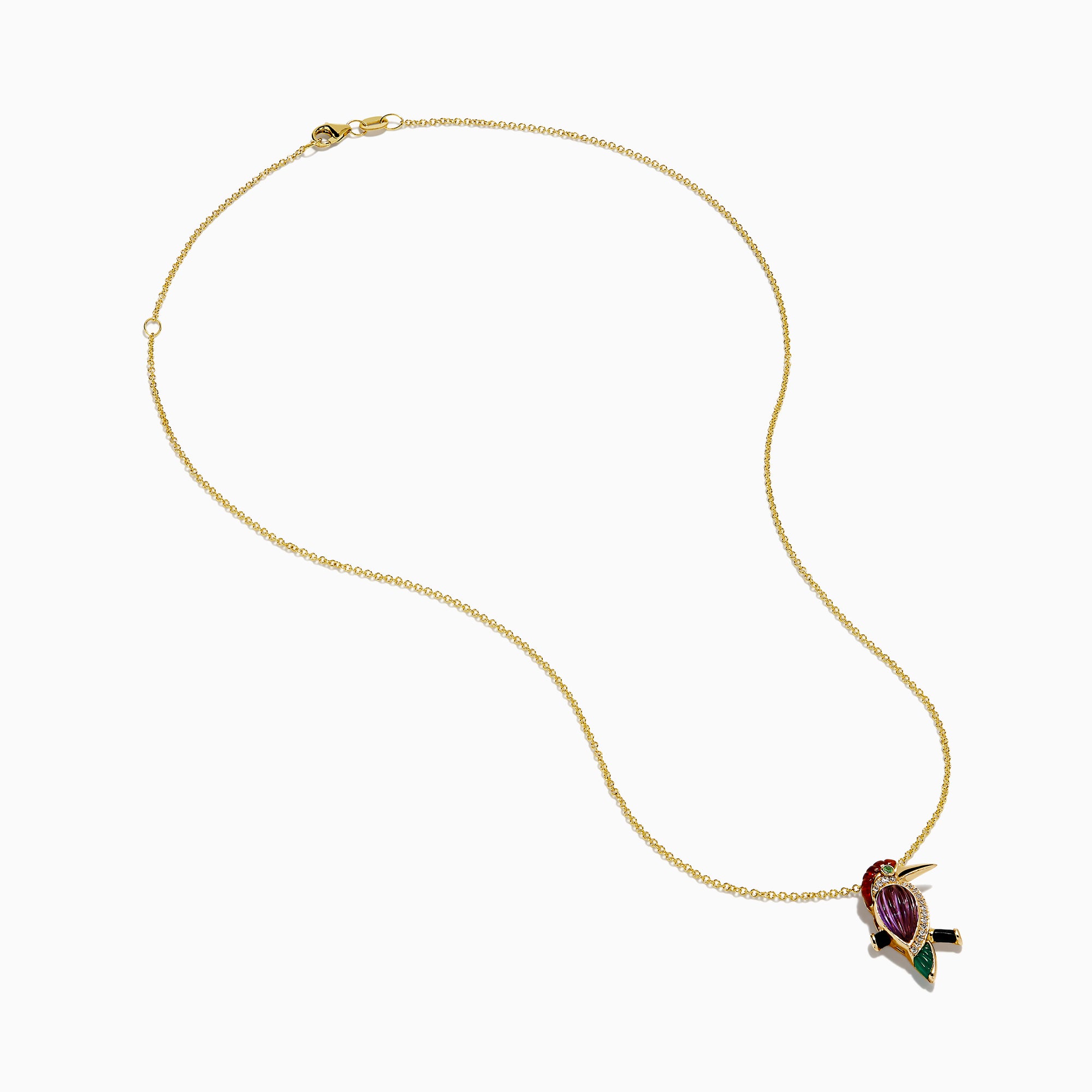 The 14K Yellow Gold Multi Gemstone and Diamond Woodpecker Pendant features a vibrant bird accented with diamonds and colorful gemstones, shining brightly on a fine gold chain against a white background.