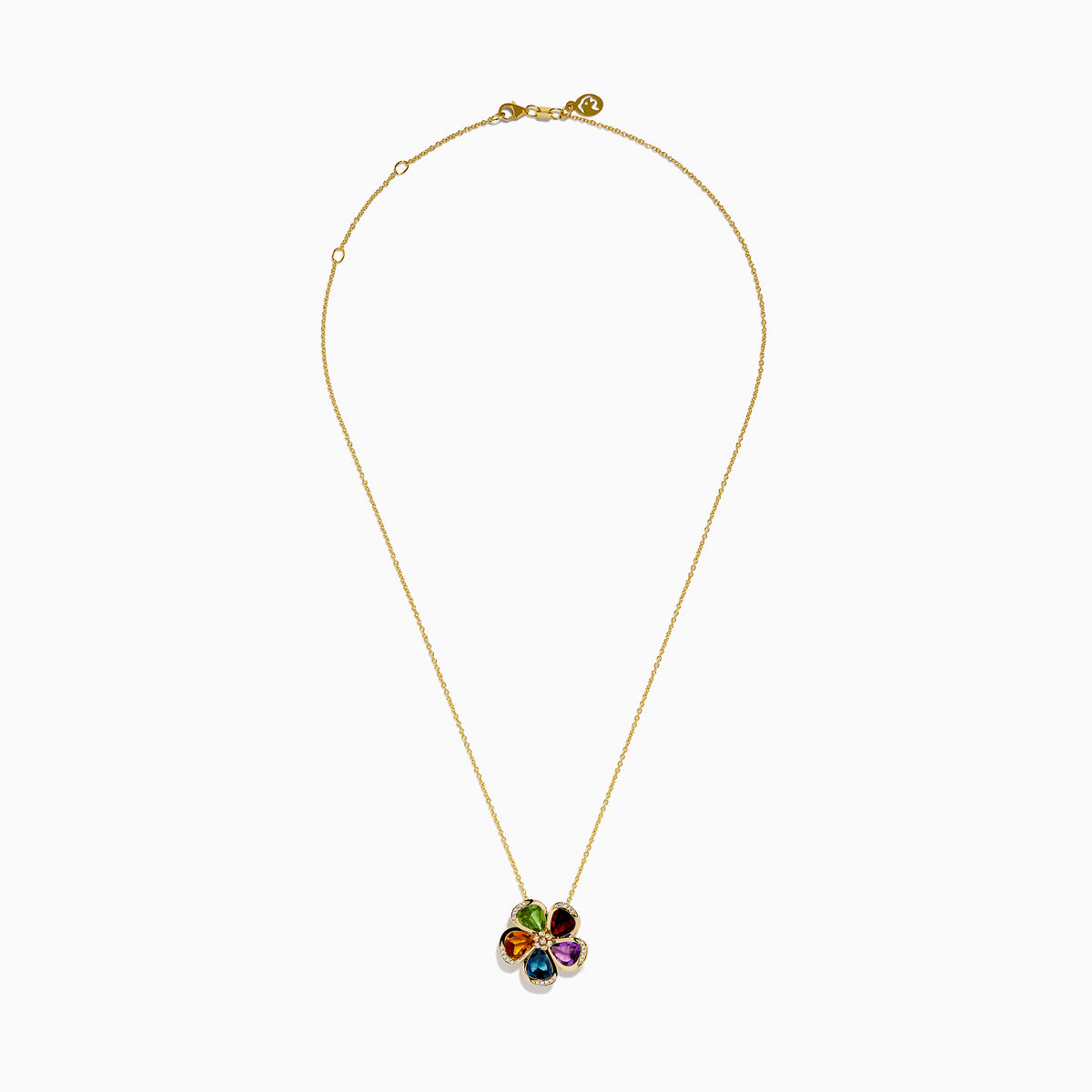 The Mosaic 14K Yellow Gold Multi Gemstone Floral Pendant features a five-petal flower with each petal showcasing a different colored gemstone, outlined by small diamonds, suspended from a fine gold chain.