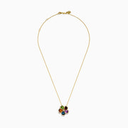 The Mosaic 14K Yellow Gold Multi Gemstone Floral Pendant features a five-petal flower with each petal showcasing a different colored gemstone, outlined by small diamonds, suspended from a fine gold chain.