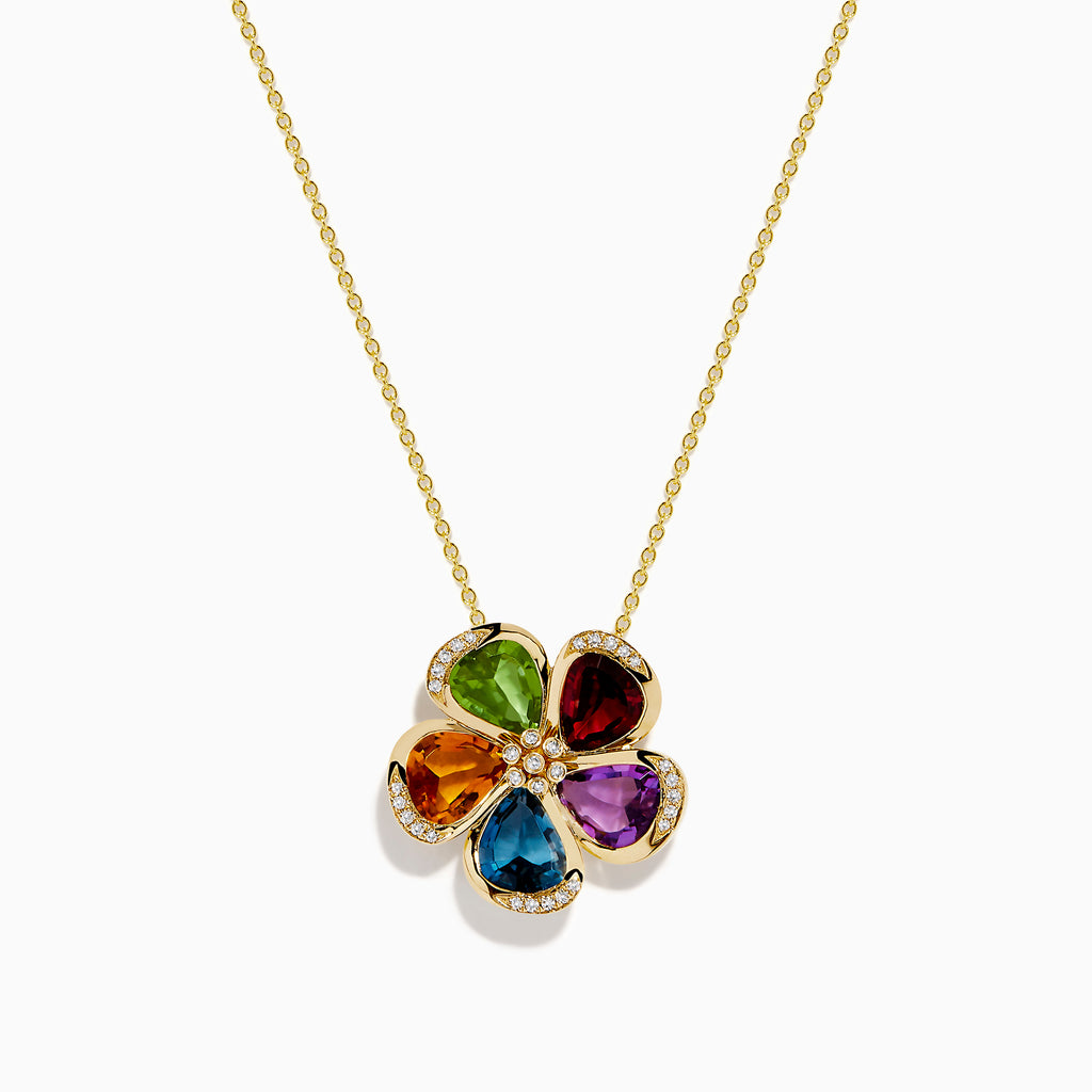 The Mosaic 14K Yellow Gold Multi Gemstone Floral Pendant features a five-petal flower with each petal showcasing a different colored gemstone, outlined by small diamonds, suspended from a fine gold chain.