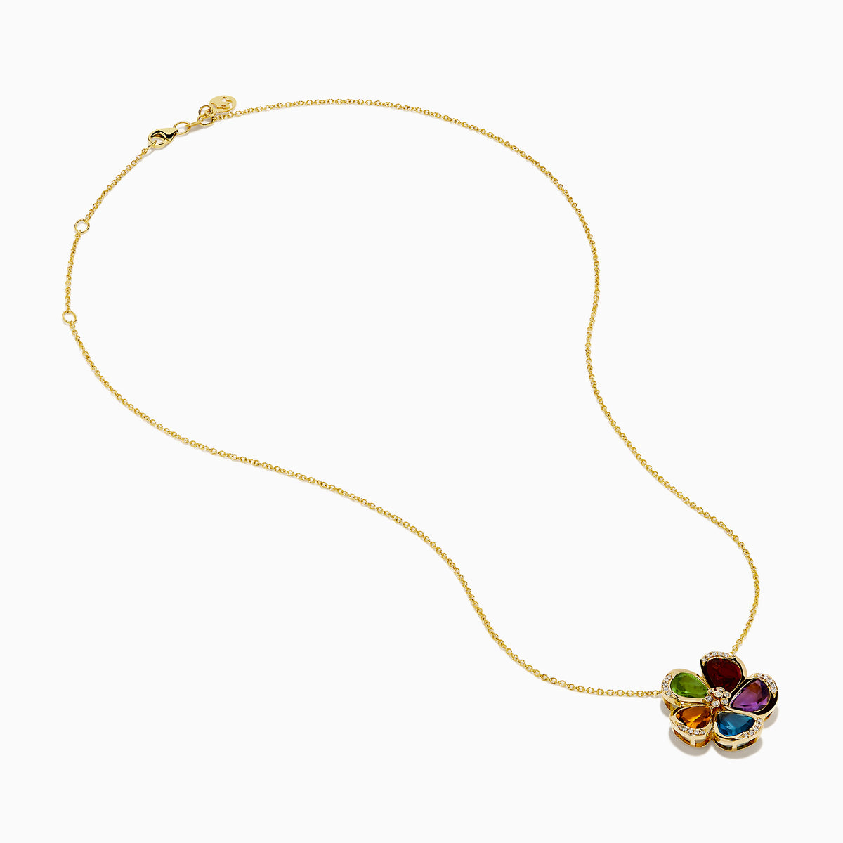 The Mosaic 14K Yellow Gold Multi Gemstone Floral Pendant features a five-petal flower with each petal showcasing a different colored gemstone, outlined by small diamonds, suspended from a fine gold chain.