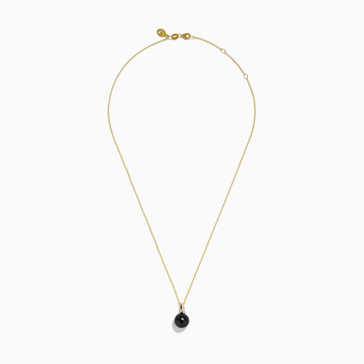 The 14K Yellow Gold Black Tahitian Pearl and Diamond Pendant features a black Tahitian pearl and a vertical row of diamonds on the bail, shown on a white background.