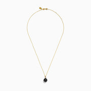 The 14K Yellow Gold Black Tahitian Pearl and Diamond Pendant features a black Tahitian pearl and a vertical row of diamonds on the bail, shown on a white background.