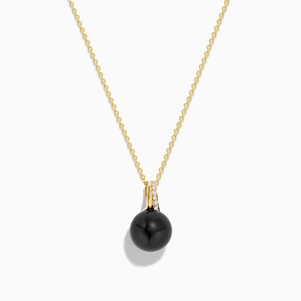 The 14K Yellow Gold Black Tahitian Pearl and Diamond Pendant features a black Tahitian pearl and a vertical row of diamonds on the bail, shown on a white background.