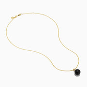 The 14K Yellow Gold Black Tahitian Pearl and Diamond Pendant features a black Tahitian pearl and a vertical row of diamonds on the bail, shown on a white background.
