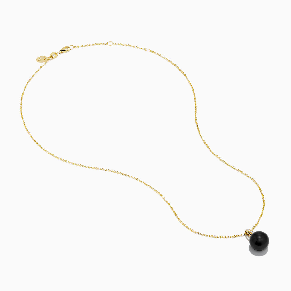 The 14K Yellow Gold Black Tahitian Pearl and Diamond Pendant features a black Tahitian pearl and a vertical row of diamonds on the bail, shown on a white background.