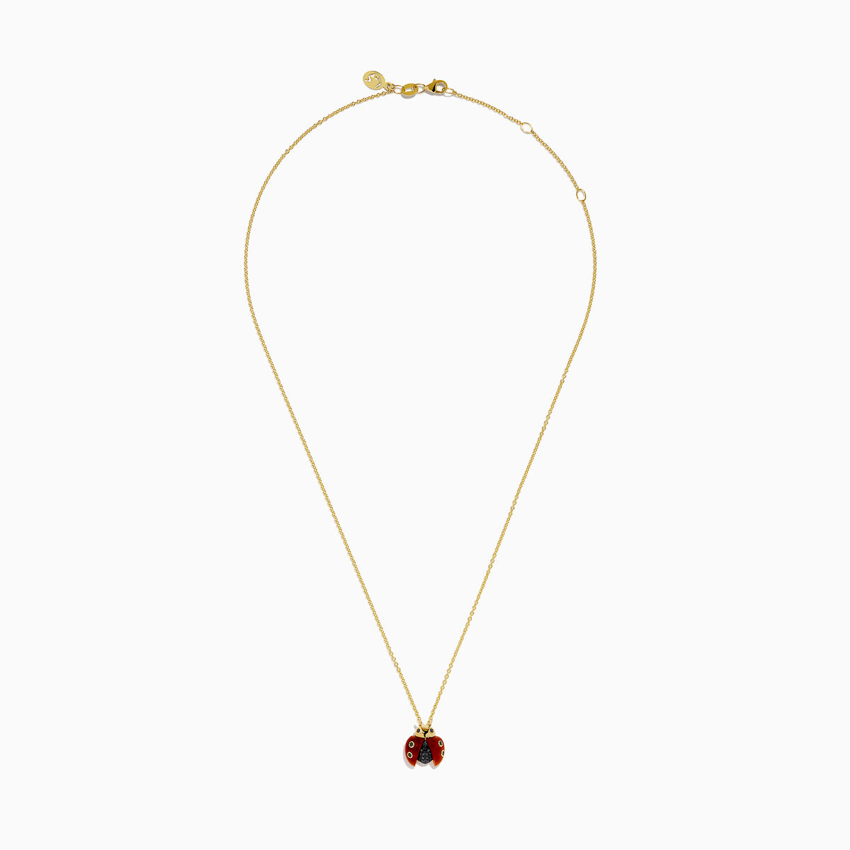 The 14K Yellow Gold Red Agate and Black Diamond Ladybug Pendant features red wings, black spots, and a black body, displayed against a white background.
