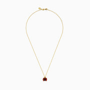 The 14K Yellow Gold Red Agate and Black Diamond Ladybug Pendant features red wings, black spots, and a black body, displayed against a white background.