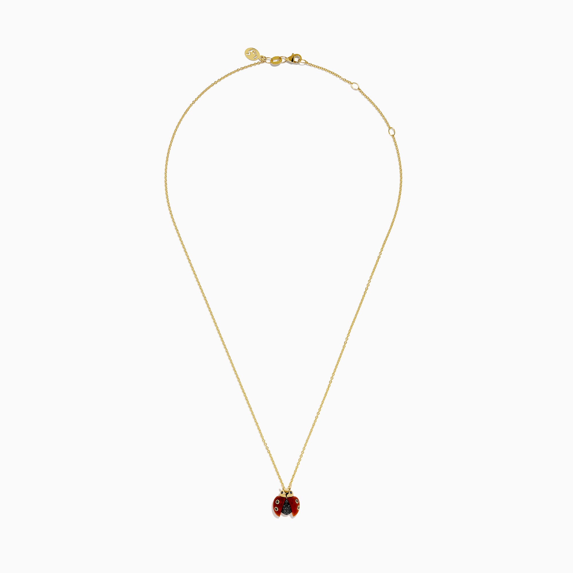 The 14K Yellow Gold Red Agate and Black Diamond Ladybug Pendant features red wings, black spots, and a black body, displayed against a white background.