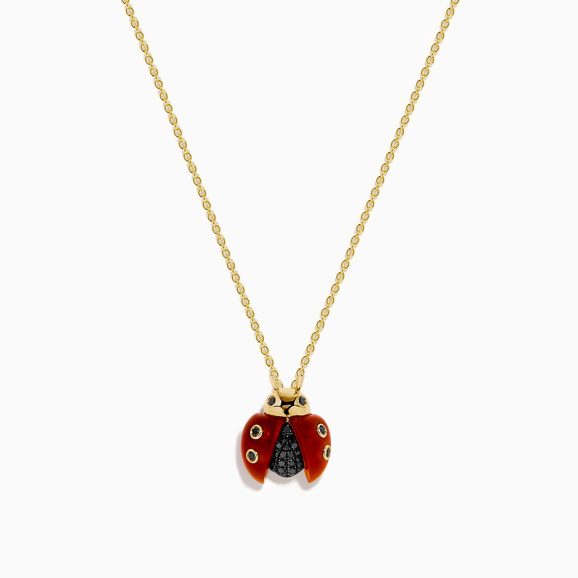 The 14K Yellow Gold Red Agate and Black Diamond Ladybug Pendant features red wings, black spots, and a black body, displayed against a white background.