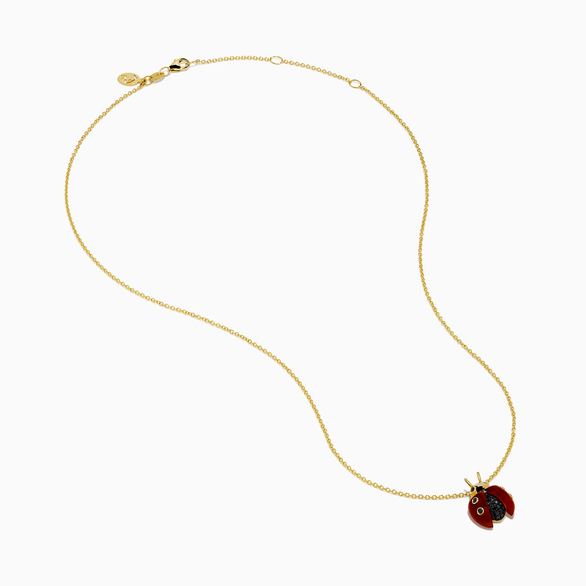 The 14K Yellow Gold Red Agate and Black Diamond Ladybug Pendant features red wings, black spots, and a black body, displayed against a white background.