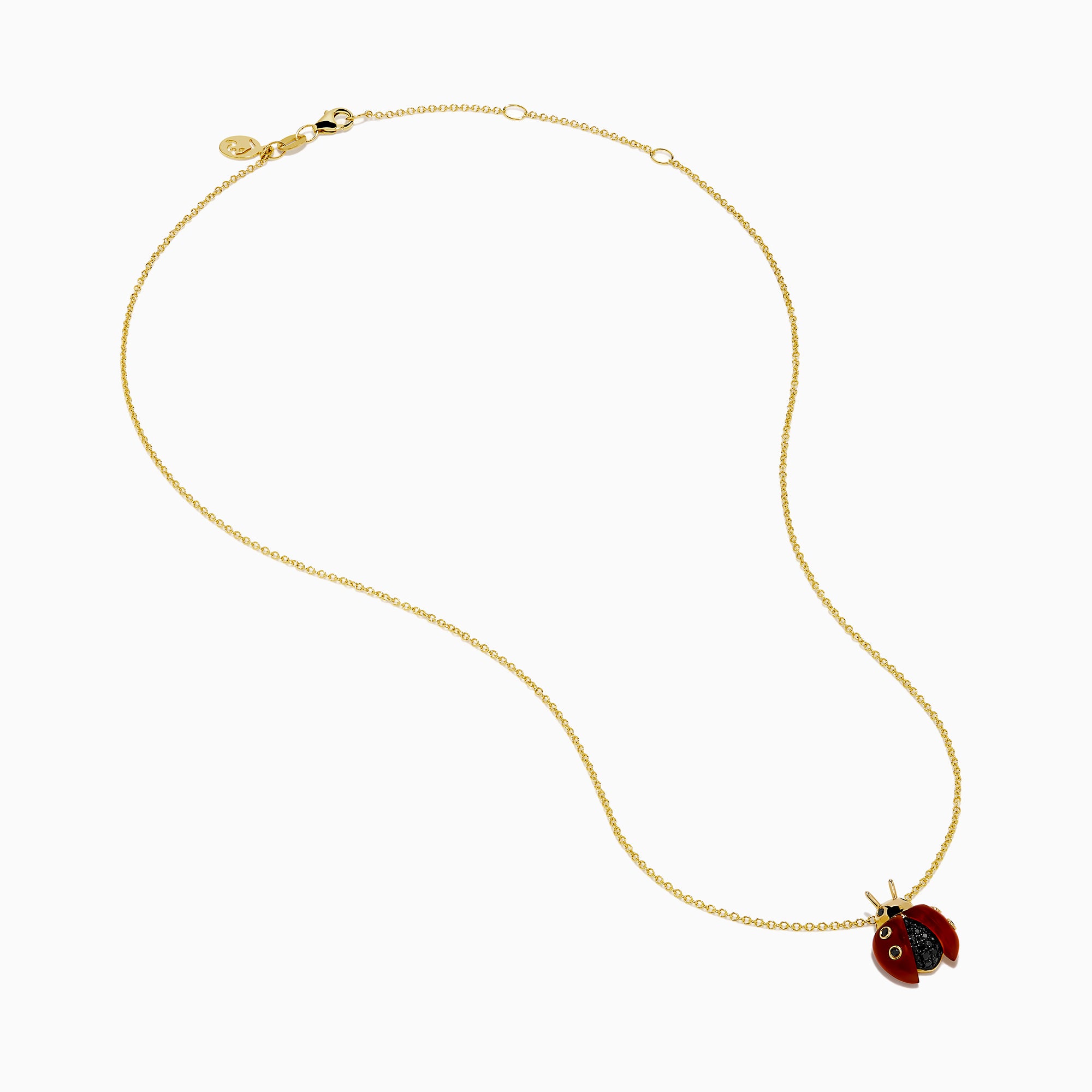 The 14K Yellow Gold Red Agate and Black Diamond Ladybug Pendant features red wings, black spots, and a black body, displayed against a white background.