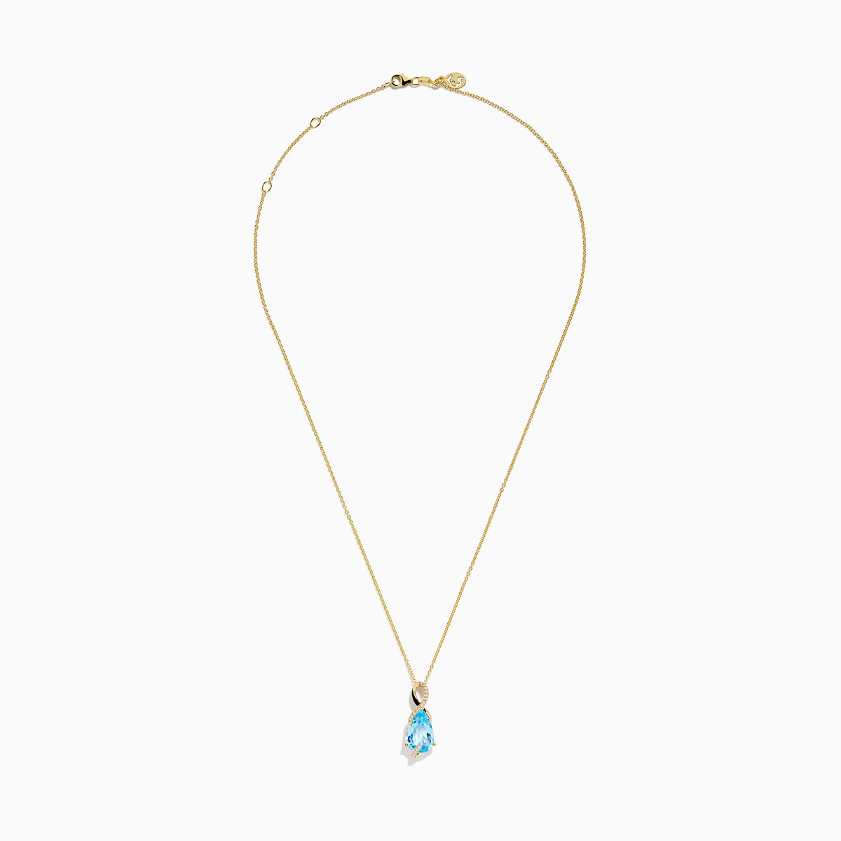 The Ocean Bleu 14K Yellow Gold Blue Topaz and Diamond Pear Pendant features a pear-shaped Blue Topaz accented with diamond swirls, set in 14K yellow gold and photographed on a plain white background.