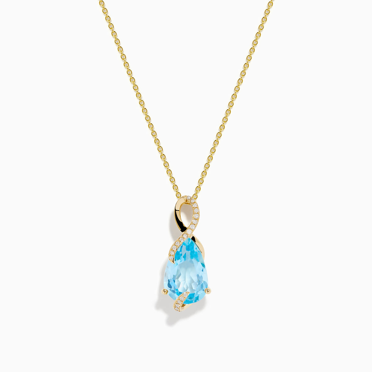 The Ocean Bleu 14K Yellow Gold Blue Topaz and Diamond Pear Pendant features a pear-shaped Blue Topaz accented with diamond swirls, set in 14K yellow gold and photographed on a plain white background.