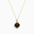 A 14K Yellow Gold Ammolite and Diamond Pendant necklace with a square-shaped Ammolite gemstone framed by sparkling diamonds, shown on a plain white background.