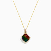A 14K Yellow Gold Ammolite and Diamond Pendant necklace with a square-shaped Ammolite gemstone framed by sparkling diamonds, shown on a plain white background.