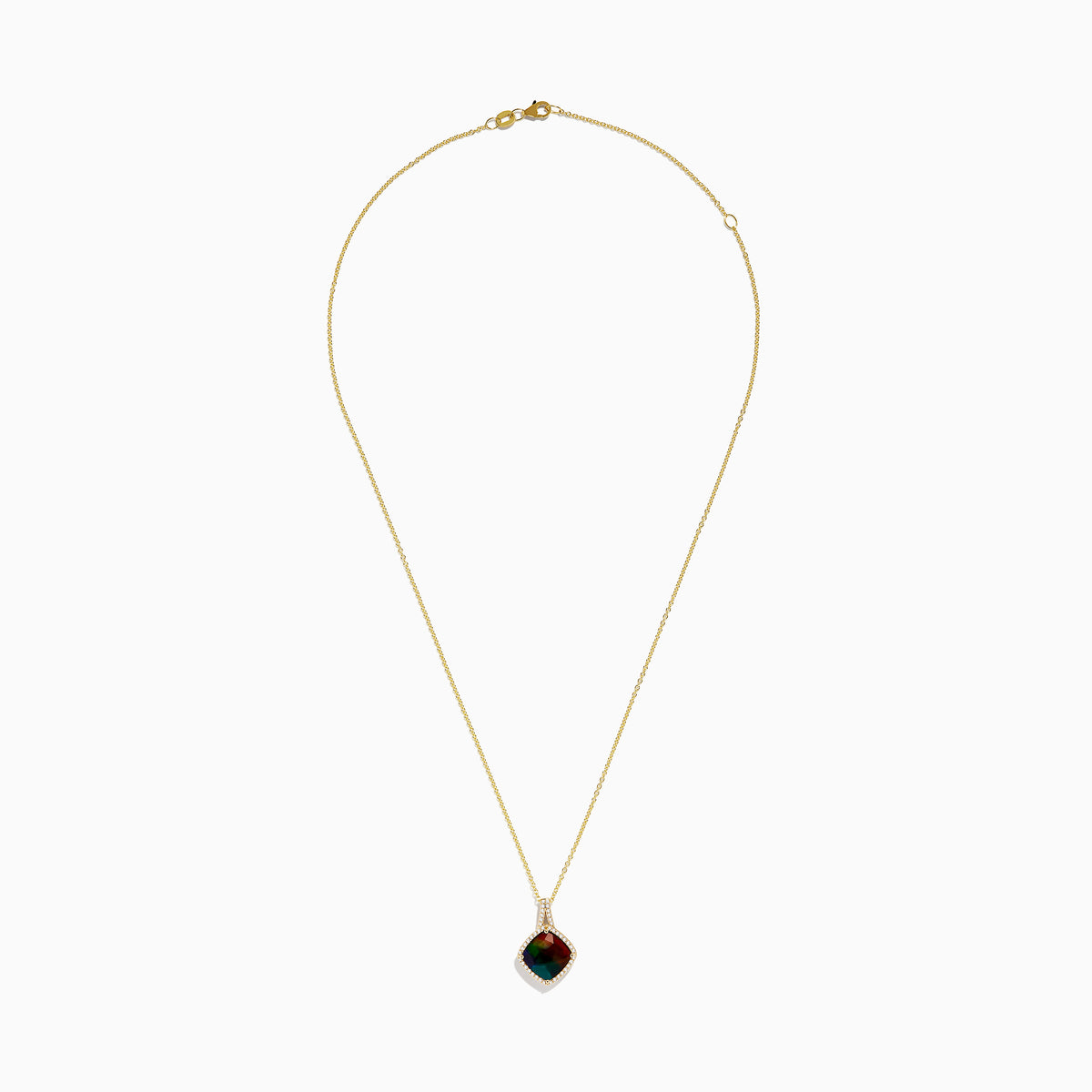 A 14K Yellow Gold Ammolite and Diamond Pendant necklace with a square-shaped Ammolite gemstone framed by sparkling diamonds, shown on a plain white background.